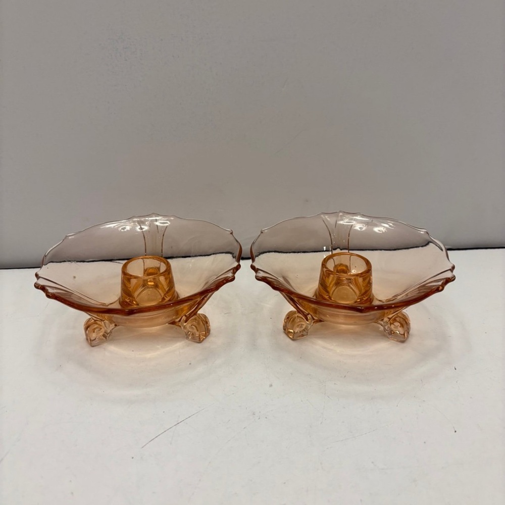 VINTAGE PINK FOSTORIA DEPRESSION GLASS CANDLESTICK HOLDERS, TRI-FOOTED
